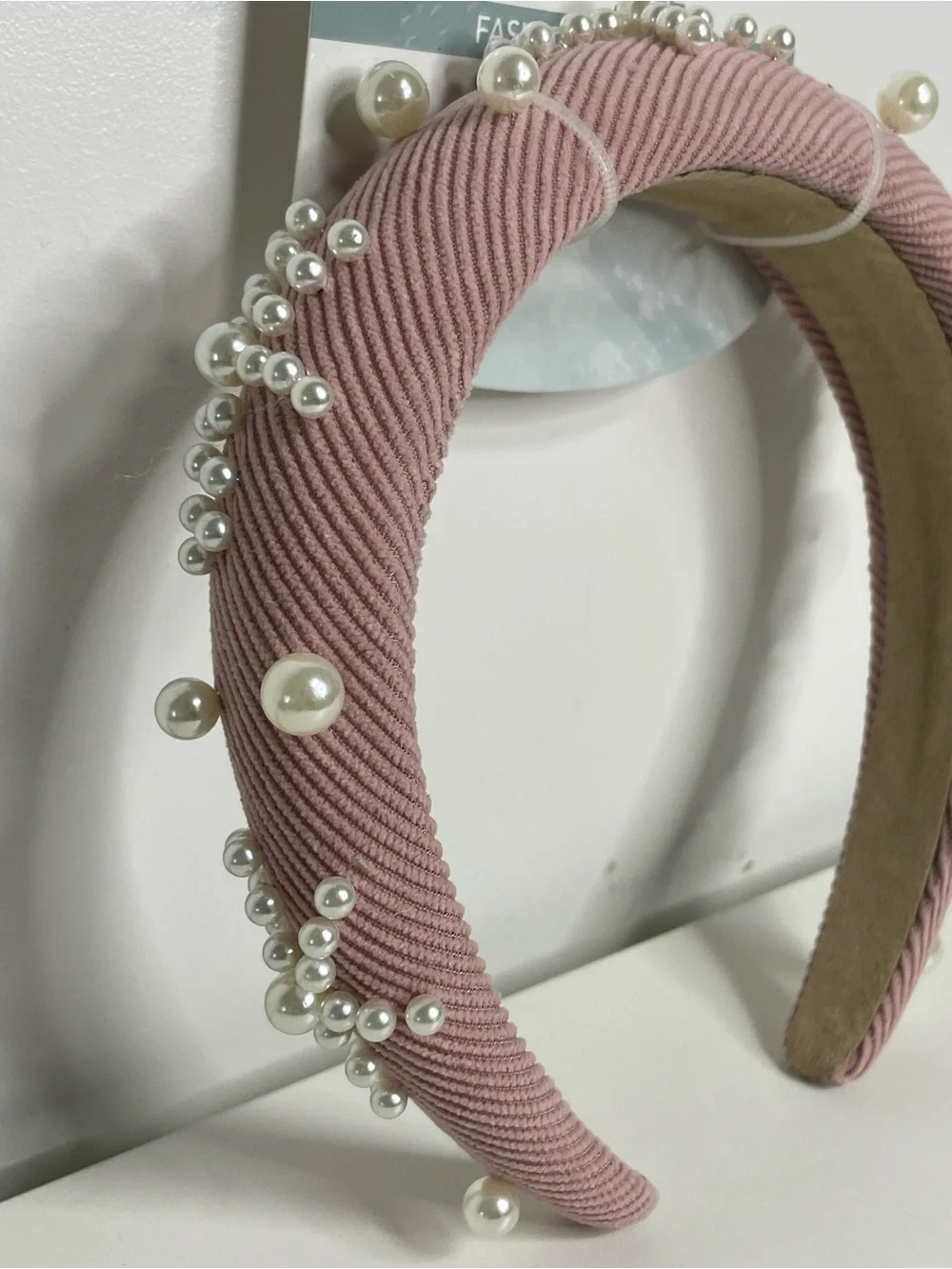 Pearl-Trimmed Blush Pink Padded Hairband